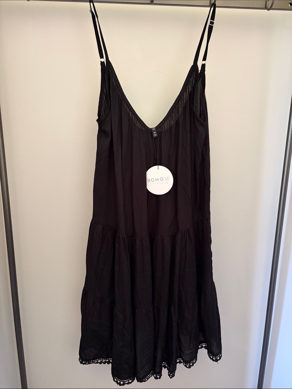 bohme Black Tiered Slip Mini Dress with Lace Hem